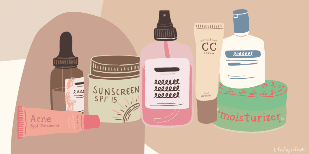 Graphic with skincare products lined up.