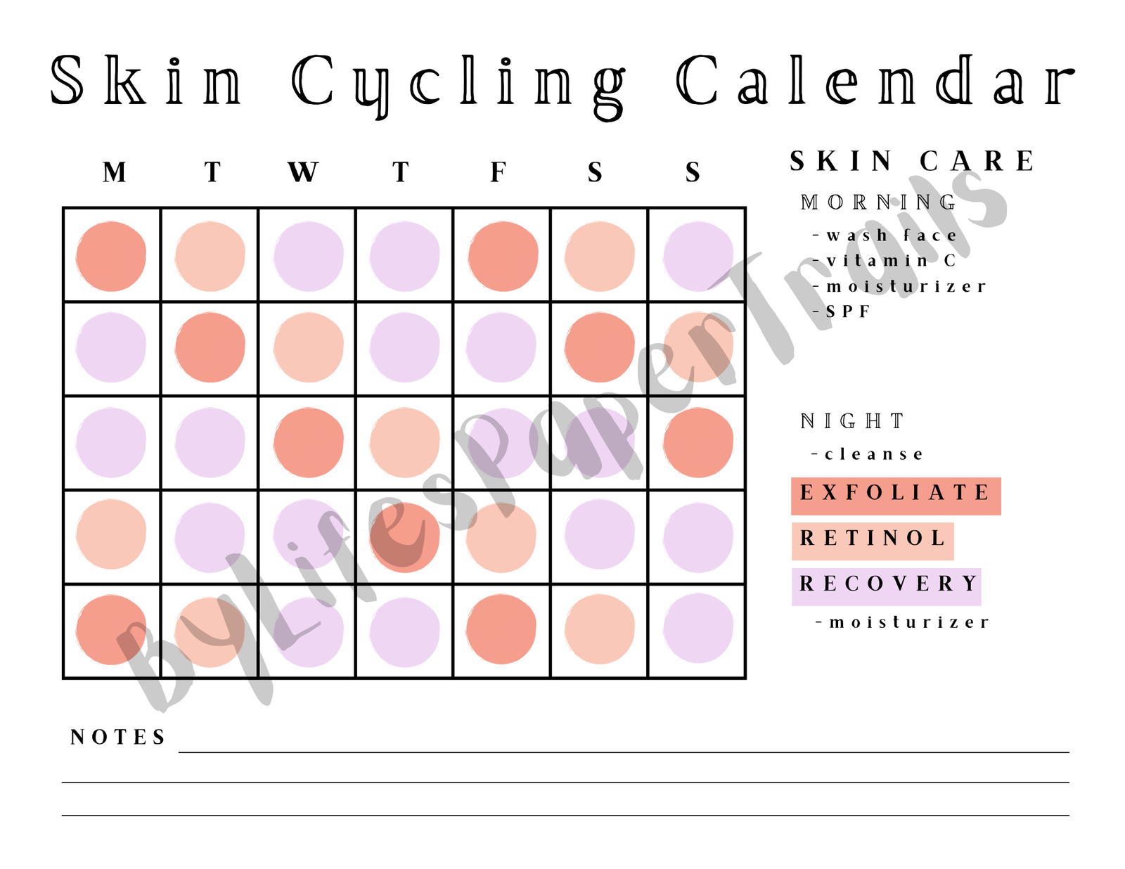 Skin cycling calendar with days of the week.