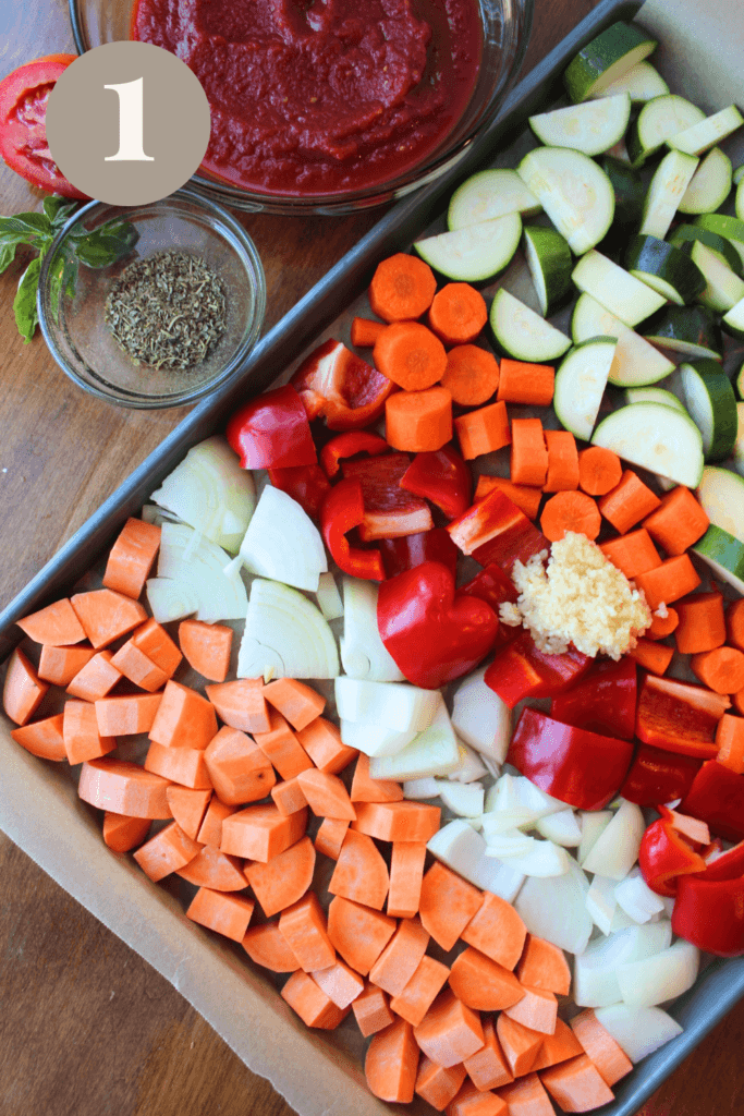 Vegetables and sauces ready on a roasting pan.