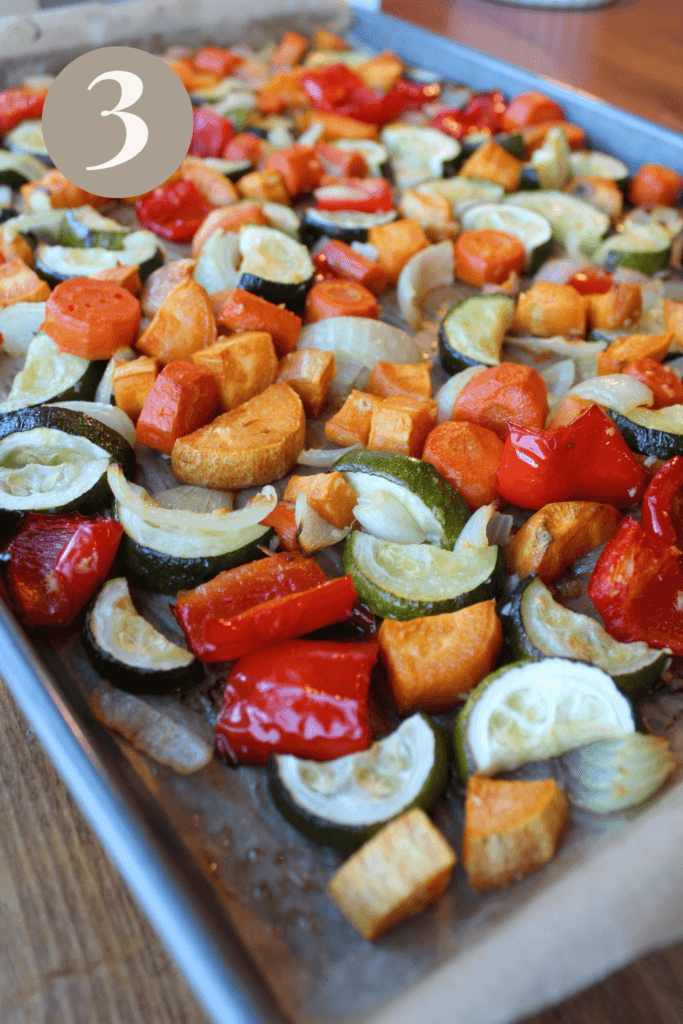 Mixed up veggies on a roasting pan.