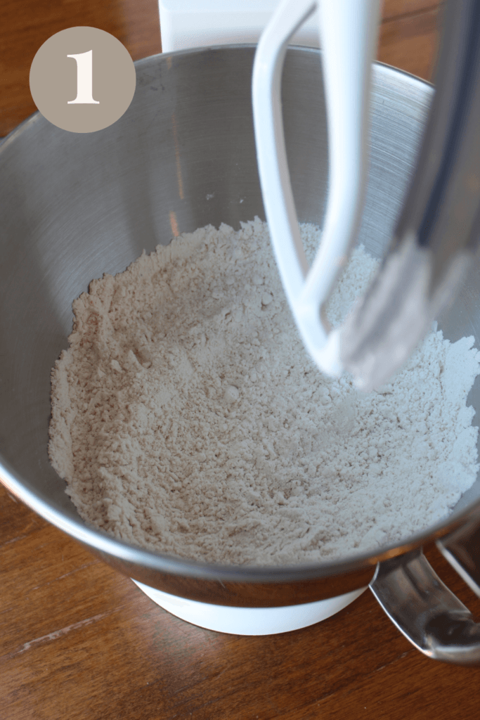 Gluten free bread dry ingredients in mixing bowl.