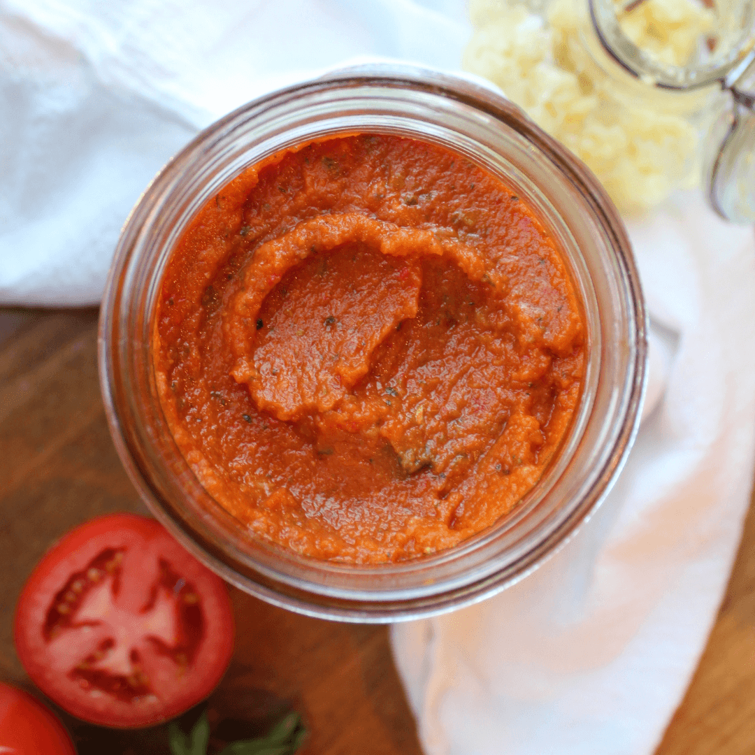 Hidden Veggie Pasta Sauce in a mason jar on the table.
