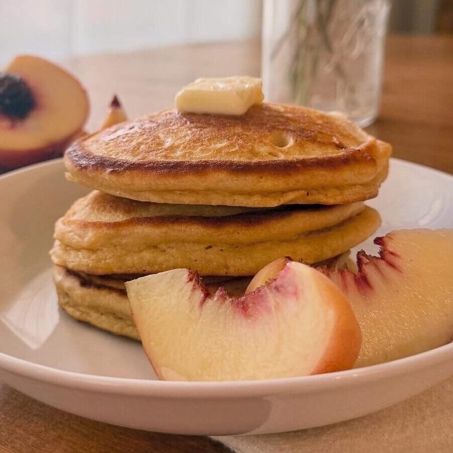Peach Pancakes on a plate.